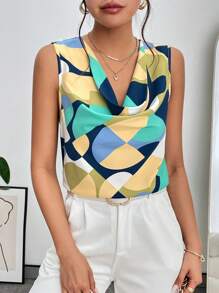 SHEIN Privé Geo Print Draped Collar Blouse - Green - View 4