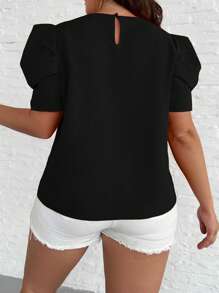 SHEIN Clasi Plus Solid Puff Sleeve Blouse - Black - View 2