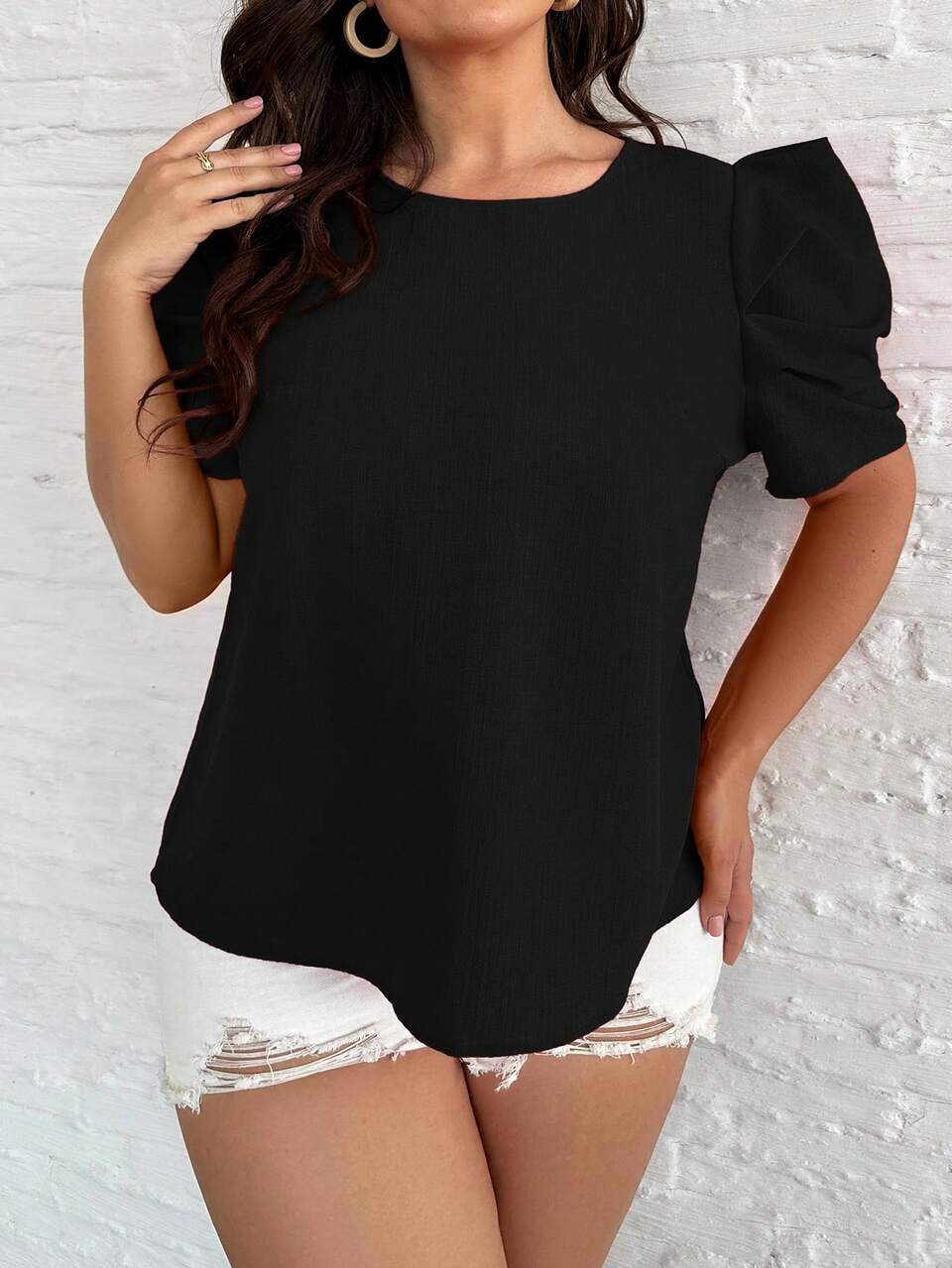 Plus Solid Puff Sleeve Blouse