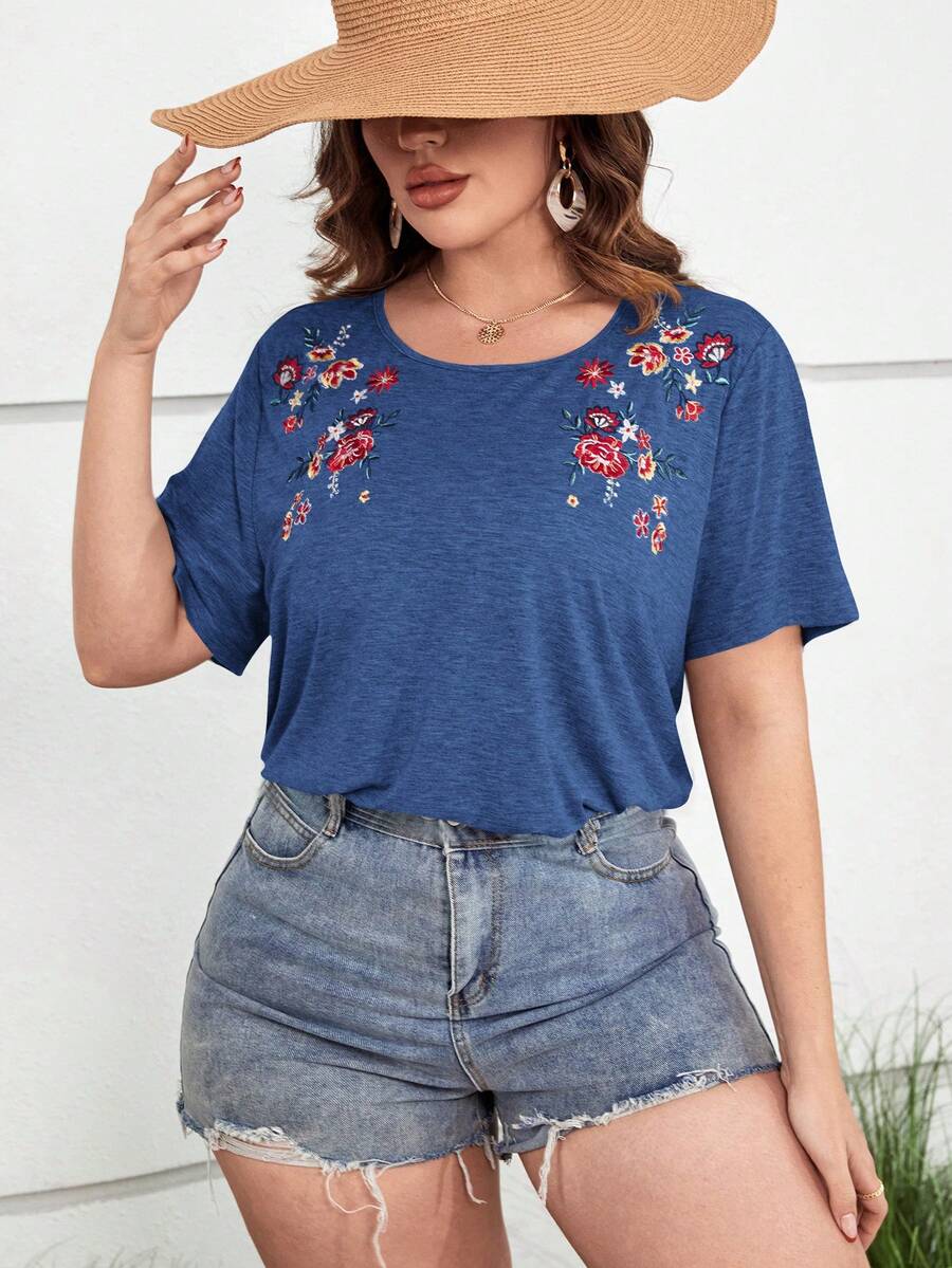 SHEIN LUNE Áo thun Plus size Thêu Hoa Giải trí - Màu xanh lam - Xem 1