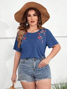 SHEIN LUNE Áo thun Plus size Thêu Hoa Giải trí - Màu xanh lam - Xem 3