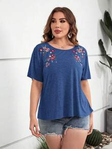 SHEIN LUNE Áo thun Plus size Thêu Hoa Giải trí - Màu xanh lam - Xem 4