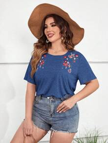 SHEIN LUNE Áo thun Plus size Thêu Hoa Giải trí - Màu xanh lam - Xem 5