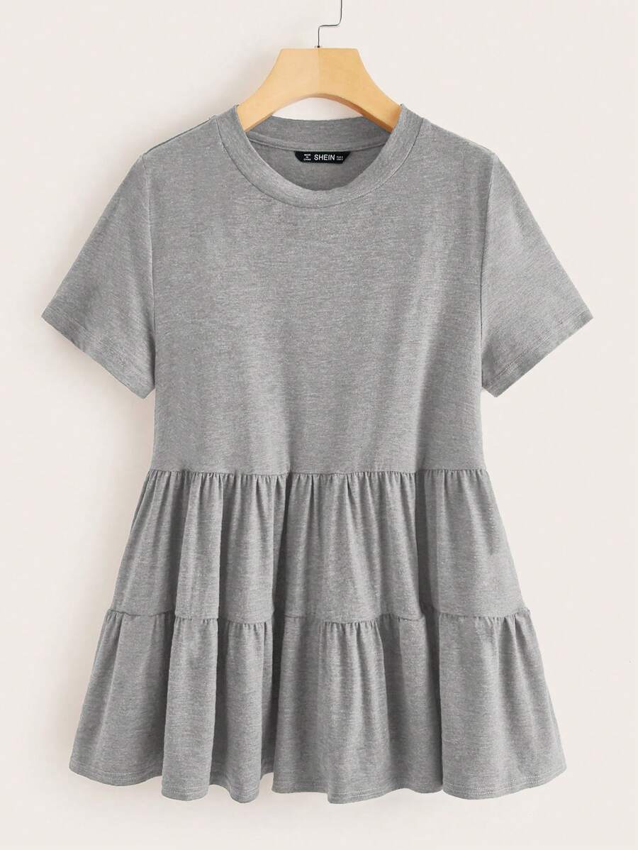 SHEIN LUNE Áo thun Plus size Viên lá sen màu trơn Giải trí - Màu Xám nhạt - Xem 1