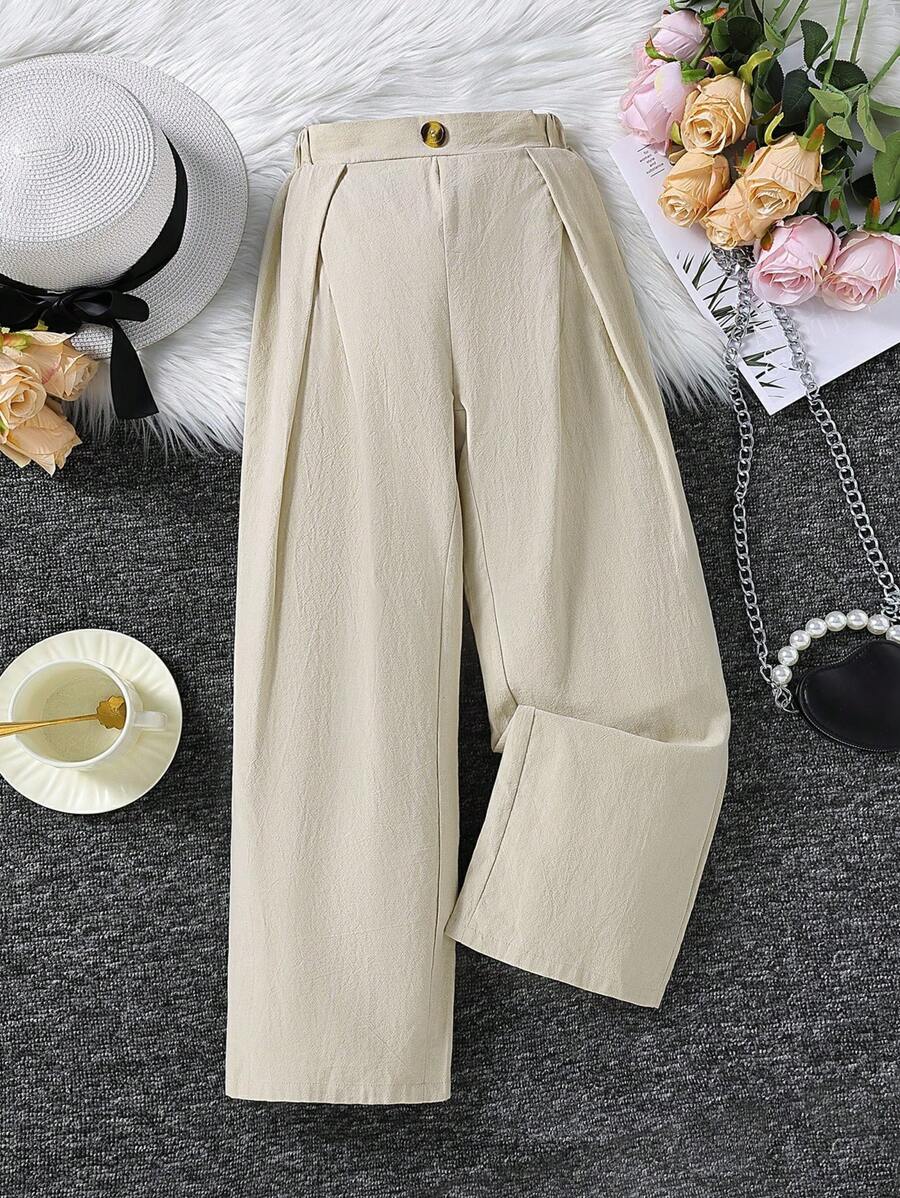 SHEIN 女孩素色褶皺闊腿褲 - 杏色 - 查看 1