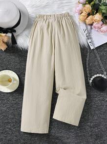 SHEIN 女孩素色褶皺闊腿褲 - 杏色 - 查看 2