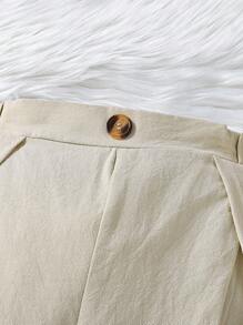 SHEIN 女孩素色褶皺闊腿褲 - 杏色 - 查看 3