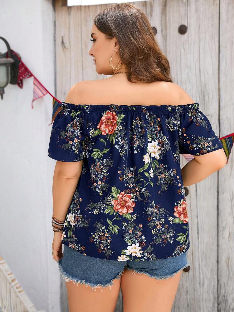 Plus Floral Print Off Shoulder Frill Trim Summer Boho Blouse