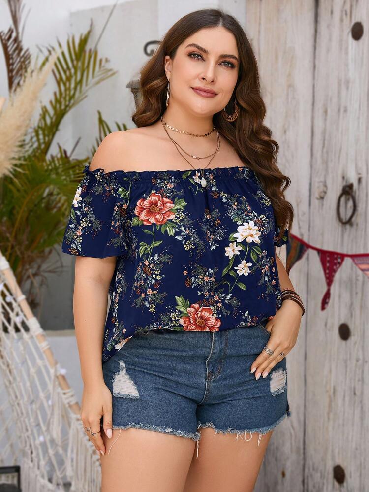 Plus Floral Print Off Shoulder Frill Trim Summer Boho Blouse