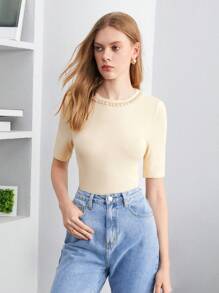 BizChic 珍珠釘珠羅紋針織T恤工作服 - 米色 - 查看 4