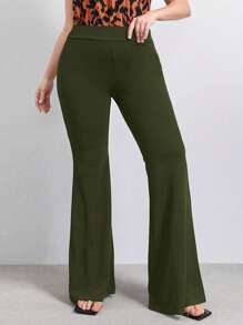 SHEIN Clasi Plus Solid Flare Leg Trousers - Army Green - View 1