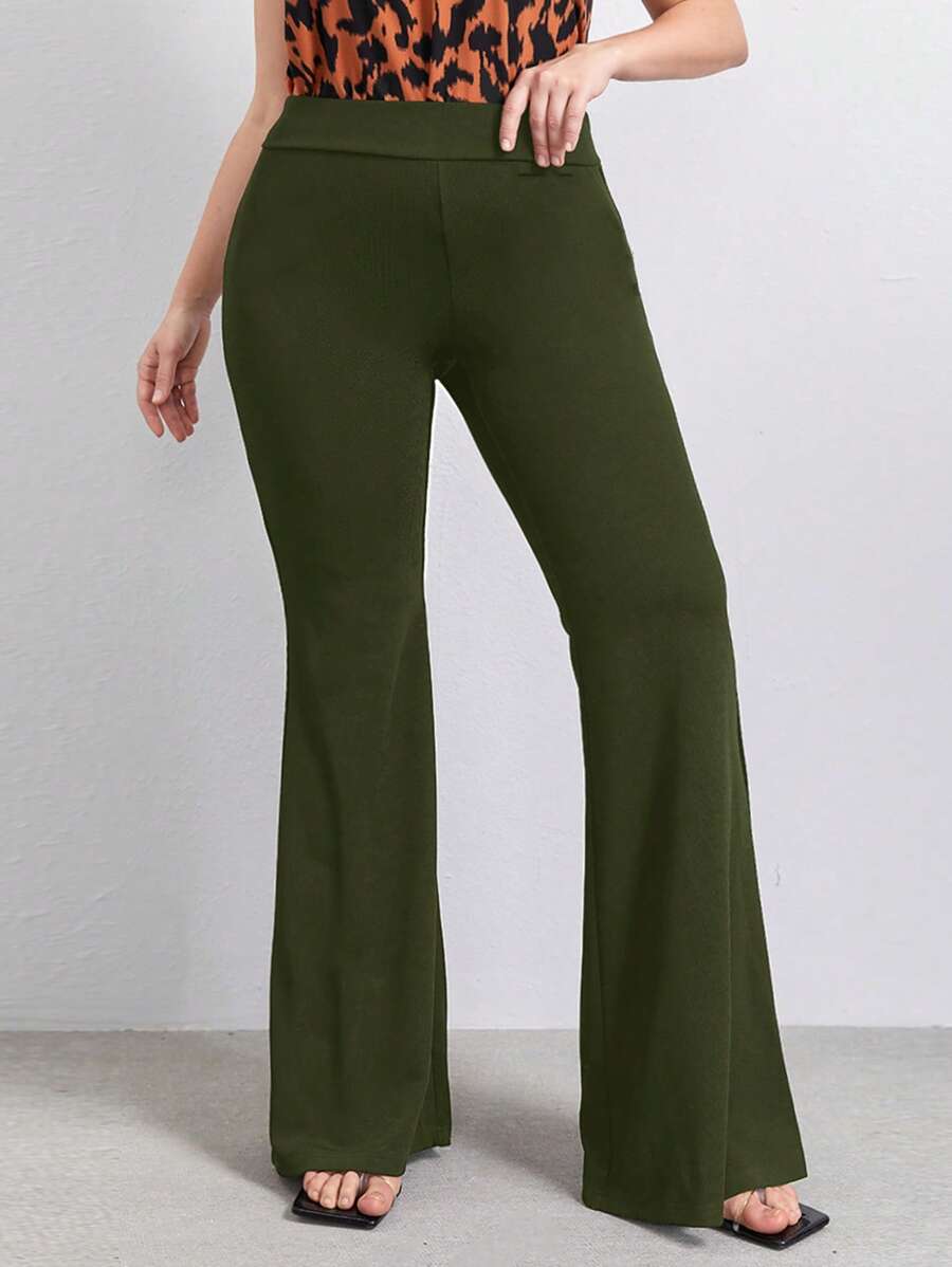 SHEIN Clasi Plus Solid Flare Leg Trousers - Army Green - View 1