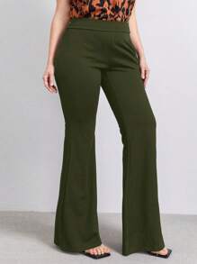 SHEIN Clasi Plus Solid Flare Leg Trousers - Army Green - View 4