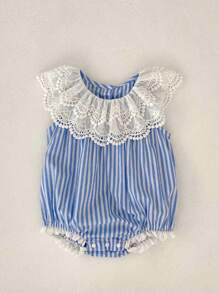 Body para bebé niña con patrón de rayas y cuello de encaje para ropa de verano adorable - Azul y blanco - Ver 1