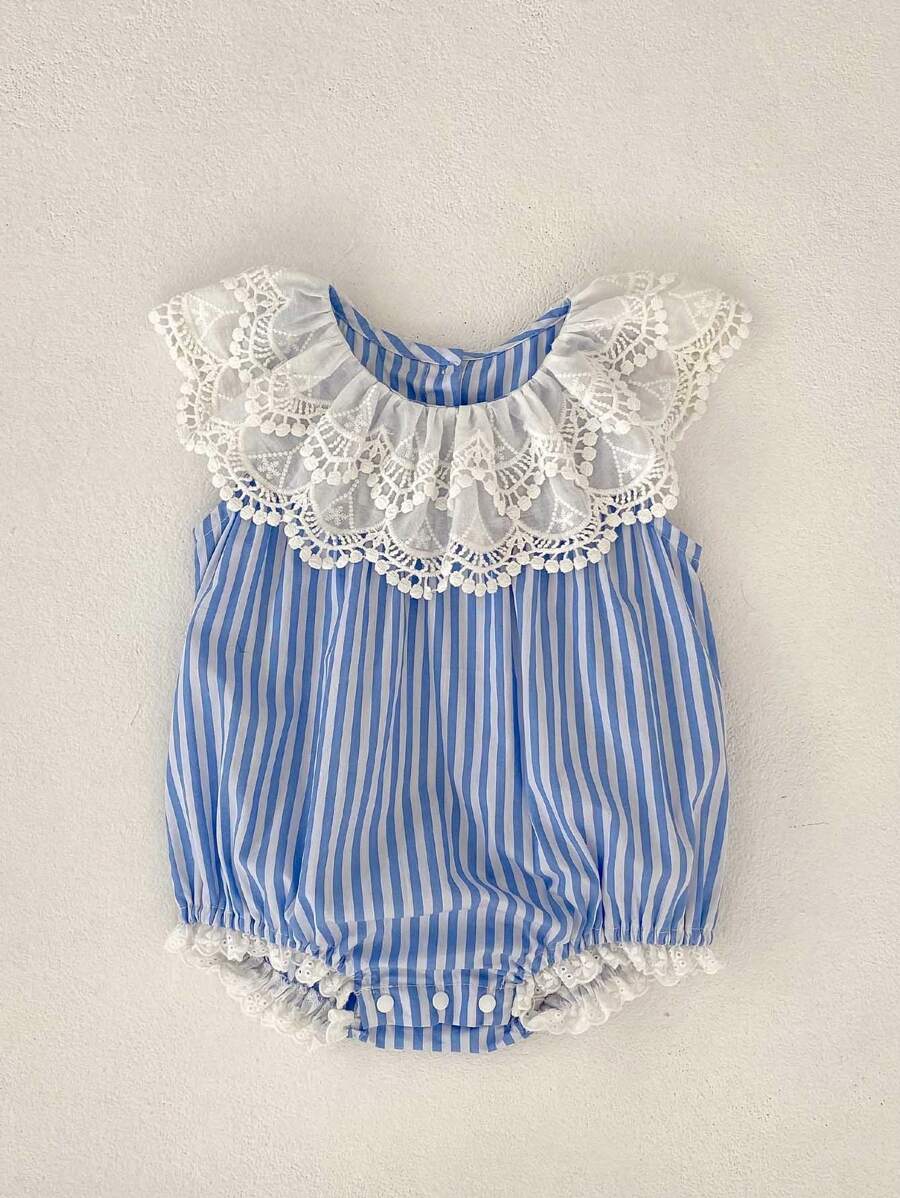 Body para bebé niña con patrón de rayas y cuello de encaje para ropa de verano adorable - Azul y blanco - Ver 1