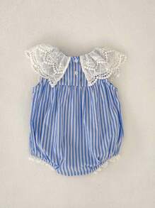 Body para bebé niña con patrón de rayas y cuello de encaje para ropa de verano adorable - Azul y blanco - Ver 2