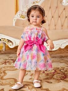 SHEIN 嬰兒印花荷葉邊腰帶吊帶連衣裙 - 彩色 - 查看 3