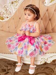 SHEIN 嬰兒印花荷葉邊腰帶吊帶連衣裙 - 彩色 - 查看 4