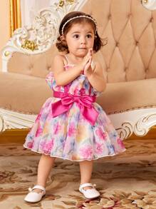 SHEIN 嬰兒印花荷葉邊腰帶吊帶連衣裙 - 彩色 - 查看 5