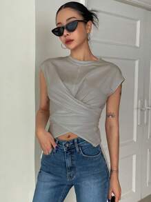 DAZY 素色交叉圍裹短款T恤 - 淺灰色 - 查看 1