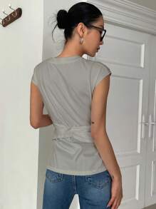 DAZY 素色交叉圍裹短款T恤 - 淺灰色 - 查看 2
