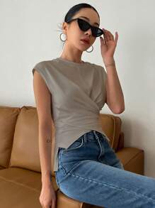 DAZY 素色交叉圍裹短款T恤 - 淺灰色 - 查看 5