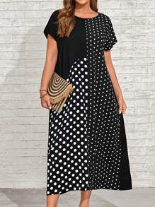 EMERY ROSE Plus Polka Dot Print Batwing Sleeve Dress For Summer - Black - View 1