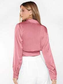 BizChic 青果領圍裹側打結緞面襯衫工作服 - 藕粉色 - 查看 2