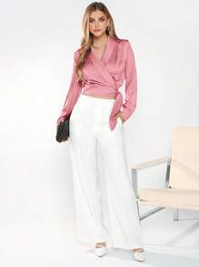 BizChic 青果領圍裹側打結緞面襯衫工作服 - 藕粉色 - 查看 5