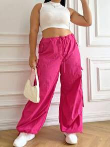 SHEIN EZwear Plus Drawstring Waist Flap Pocket Side Cargo Trousers - Pink - View 1