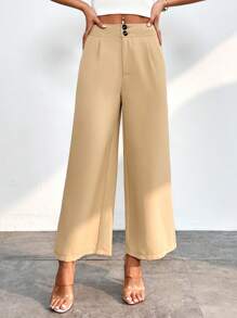 SHEIN PETITE Quần nữ Nút Dây kéo Uốn nếp màu trơn Thanh lịch - Màu Khaki - Xem 4