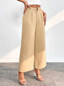 SHEIN PETITE Quần nữ Nút Dây kéo Uốn nếp màu trơn Thanh lịch - Màu Khaki - Xem 1