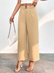 SHEIN PETITE Quần nữ Nút Dây kéo Uốn nếp màu trơn Thanh lịch - Màu Khaki - Xem 5