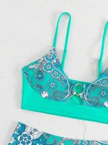 佩斯利印花鋼圈高腰比基尼泳裝 - 薄荷藍 - 查看 5