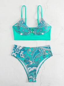 佩斯利印花鋼圈高腰比基尼泳裝 - 薄荷藍 - 查看 6