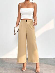 SHEIN PETITE Quần nữ Nút Dây kéo Uốn nếp màu trơn Thanh lịch - Màu Khaki - Xem 3