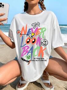 SHEIN EZwear 標語圖案落肩袖超大號T恤 - 白色 - 查看 1