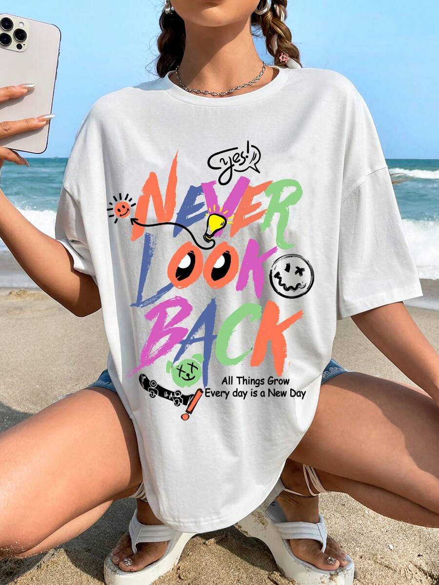 SHEIN EZwear 標語圖案落肩袖超大號T恤 - 白色 - 查看 1