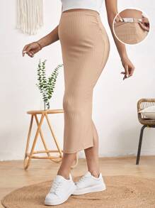 SHEIN Maternity Adjustable Waist Split Hem Rib-knit Pencil Skirt - Apricot - View 1