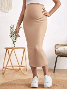 SHEIN Maternity Adjustable Waist Split Hem Rib-knit Pencil Skirt - Apricot - View 4