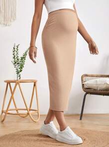 SHEIN Maternity Adjustable Waist Split Hem Rib-knit Pencil Skirt - Apricot - View 6