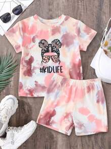 Bộ thời trang bé gái Con số Cà vạt nhuộm Giải trí - Nhiều màu - Xem 1