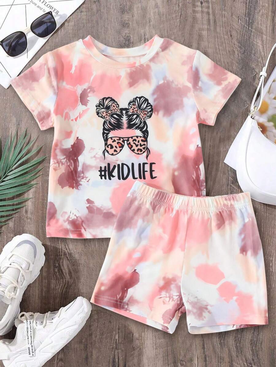 Bộ thời trang bé gái Con số Cà vạt nhuộm Giải trí - Nhiều màu - Xem 1