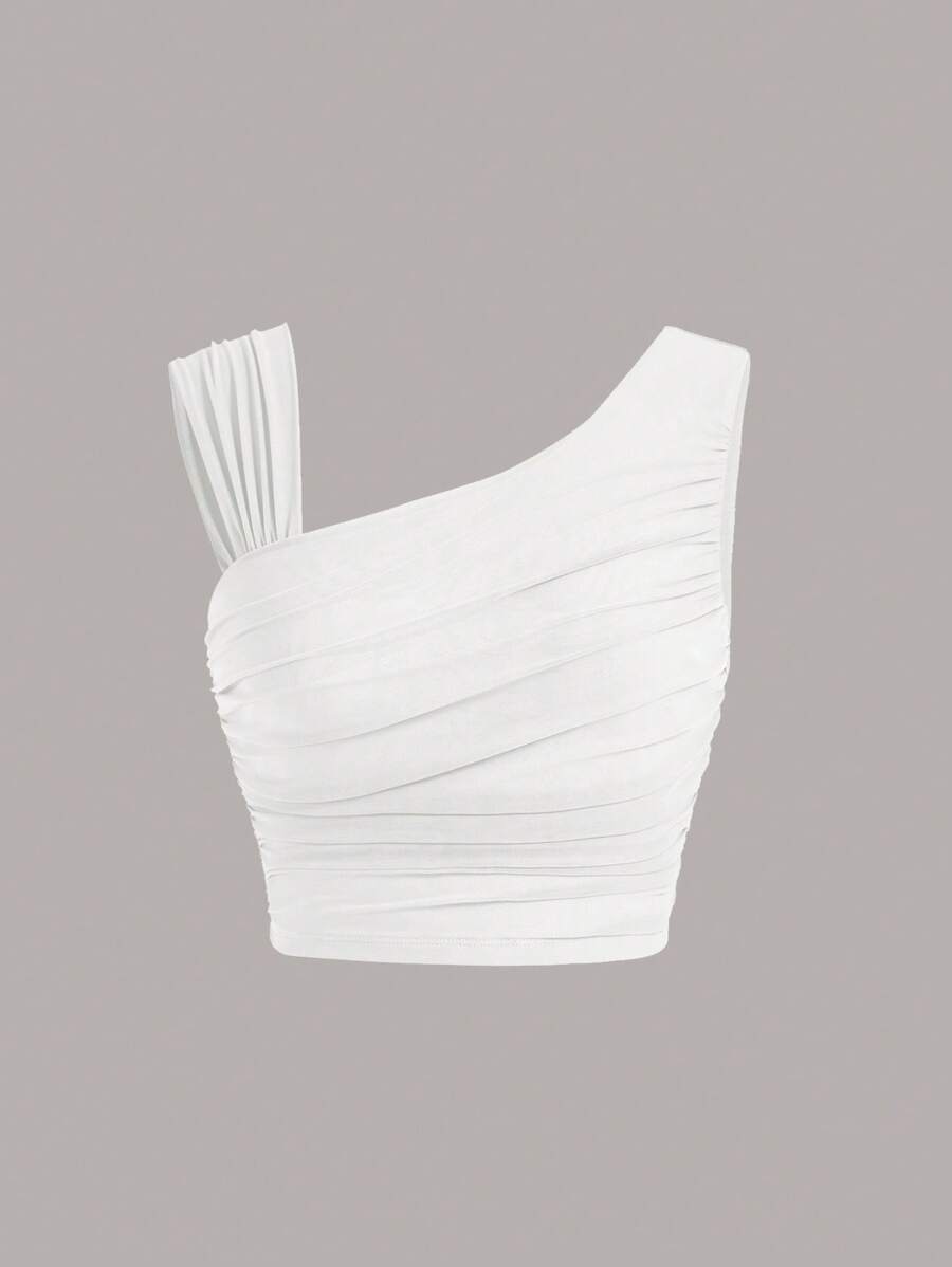 SHEIN MOD 純色抽褶不對稱襯領短款修身白色上衣 - 白色 - 查看 1