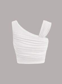 SHEIN MOD 純色抽褶不對稱襯領短款修身白色上衣 - 白色 - 查看 2