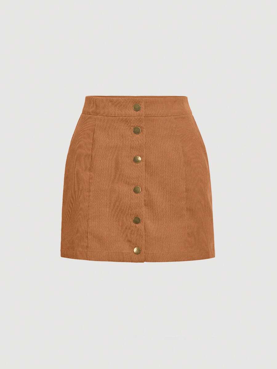 SHEIN MOD 前紐扣燈芯絨半身裙 - 棕色 - 查看 1