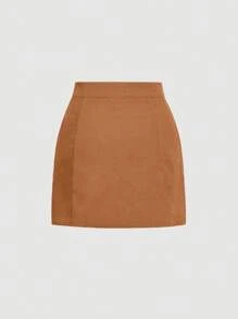 SHEIN MOD 前紐扣燈芯絨半身裙 - 棕色 - 查看 2