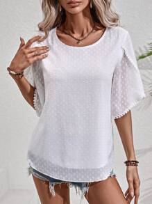 SHEIN LUNE 圓點花瓣袖鏤空蕾絲花邊襯衫 - 白色 - 查看 1