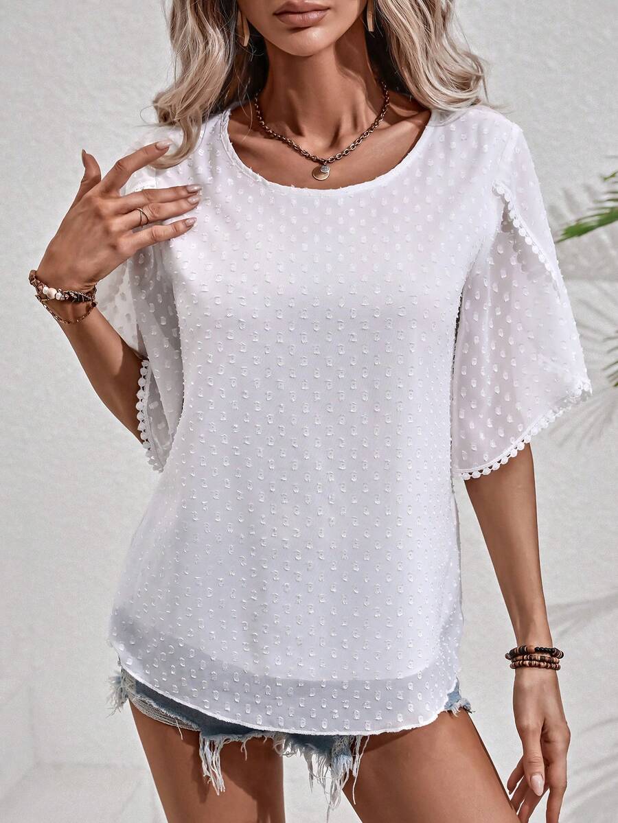 SHEIN LUNE 圓點花瓣袖鏤空蕾絲花邊襯衫 - 白色 - 查看 1