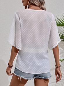 SHEIN LUNE 圓點花瓣袖鏤空蕾絲花邊襯衫 - 白色 - 查看 2